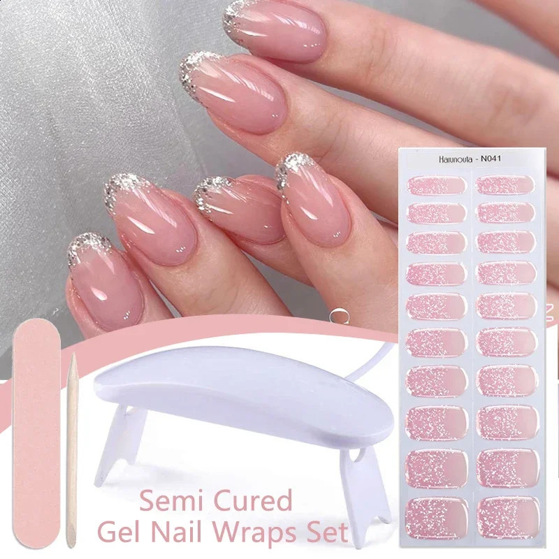 4pcs/set Gradient Jelly Semi Cured Gel Nail Strips with Nail Lamp Nude Pink Waterproof Nail Stickers Long Lasting Wrap 241017