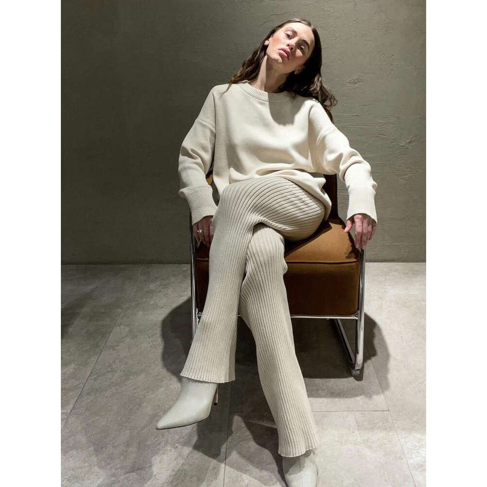 Hirsionsan Winter Thick Women Suits 2 Pieces Cashmere Female Sets O Neck Sweater & Wide Leg Pants Soft Knitted Track Suit