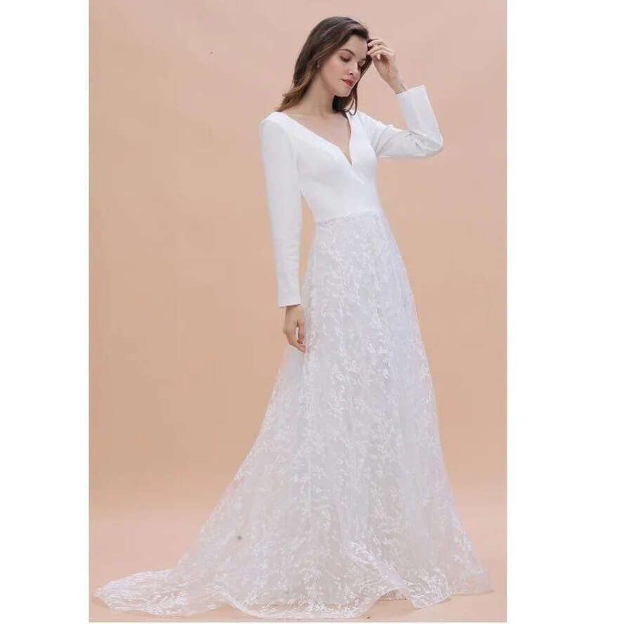 Long Modern Sleeve Boho Princess Wedding Dresses V Neck Covered Button Backless Lace Train Bridal Gown Vestido De Novia Bc Estido estido