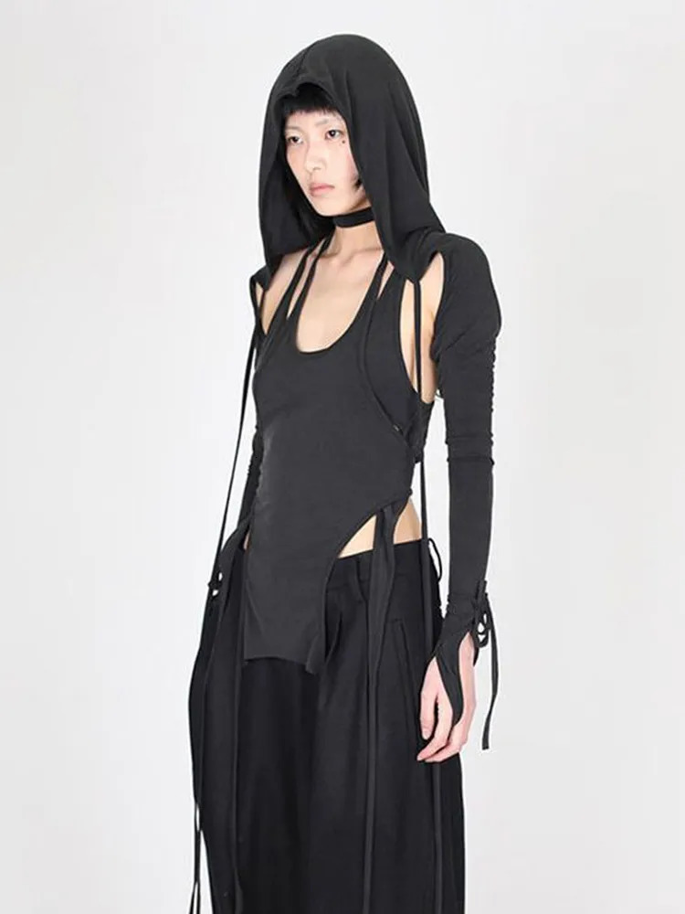 Womens Gothic Curtains Hollow Bandage Hoodie Harajuku Aesthetics Slim Fit Long Sleeve Irregular Top Garbage Tshirt 241018