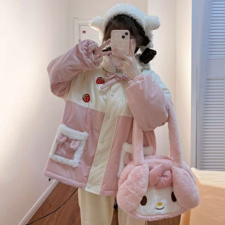 Japanese Sweet Corduroy Parkas Jacket Women Kawaii Y2k Strawberry Embroidery Hooded Outwear Female Autumn Winter Plush Warm Coat