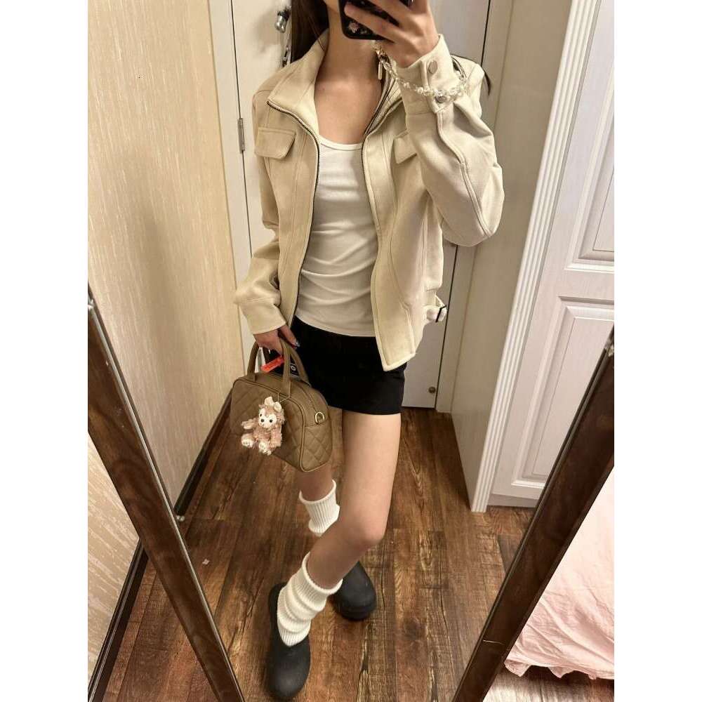 Y2k Vintage Fur Leather Coat Women 2024 Autumn New Long Sleeve Zipper Tops Mujer American Patchwork Locomotive Jackets