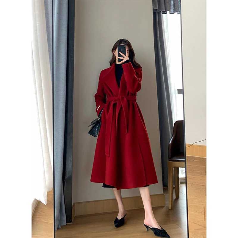 MEXZT Belt Long Wool Coats Women Vintage Lace Up Woolen Overcoat Korean Bandage Thick Jacket Winter Elegant Red Chic Outwear NewX241009