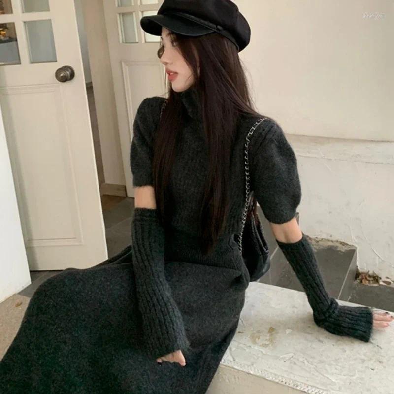 Two Piece Dress French Elegant Knitted Skirt Suits Vintage Autumn Winter Women High Neck Pullover Sweater Tops With Waiste Long Skirts Set B4