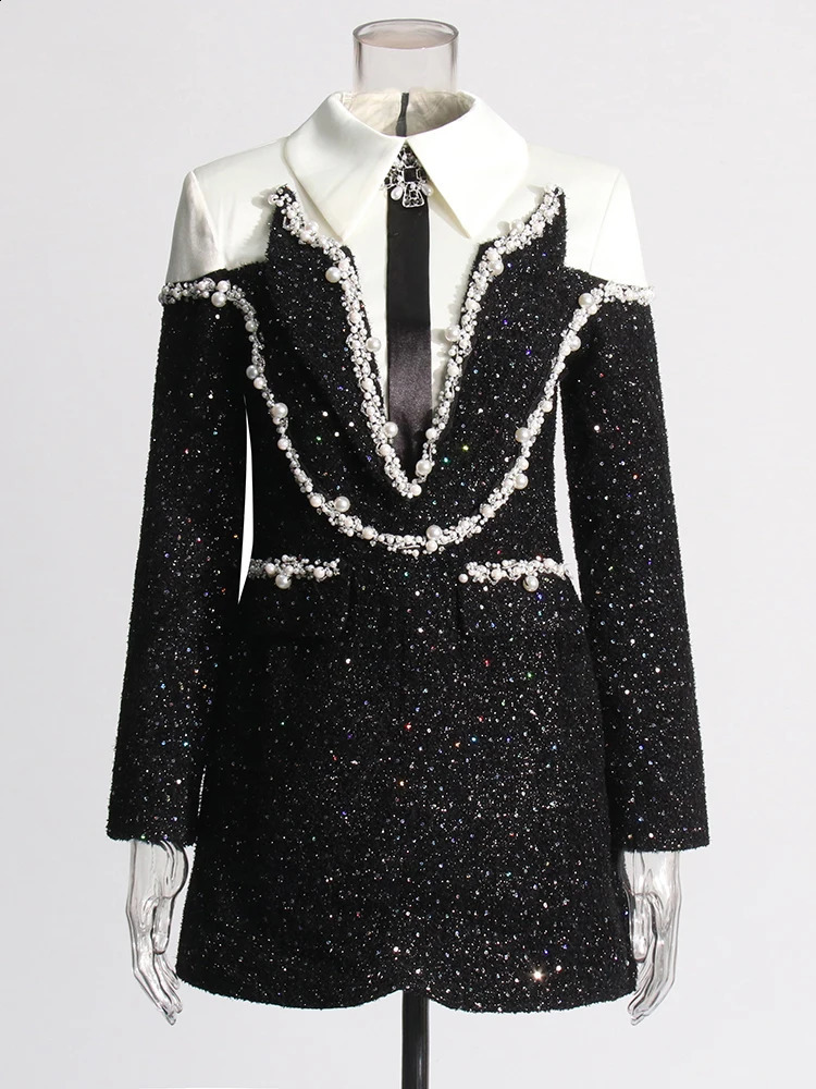 TWOTYLE Elegant hits colorful womens lapel long sleeved high waisted patch work sequin mini dress womens fashion 241017