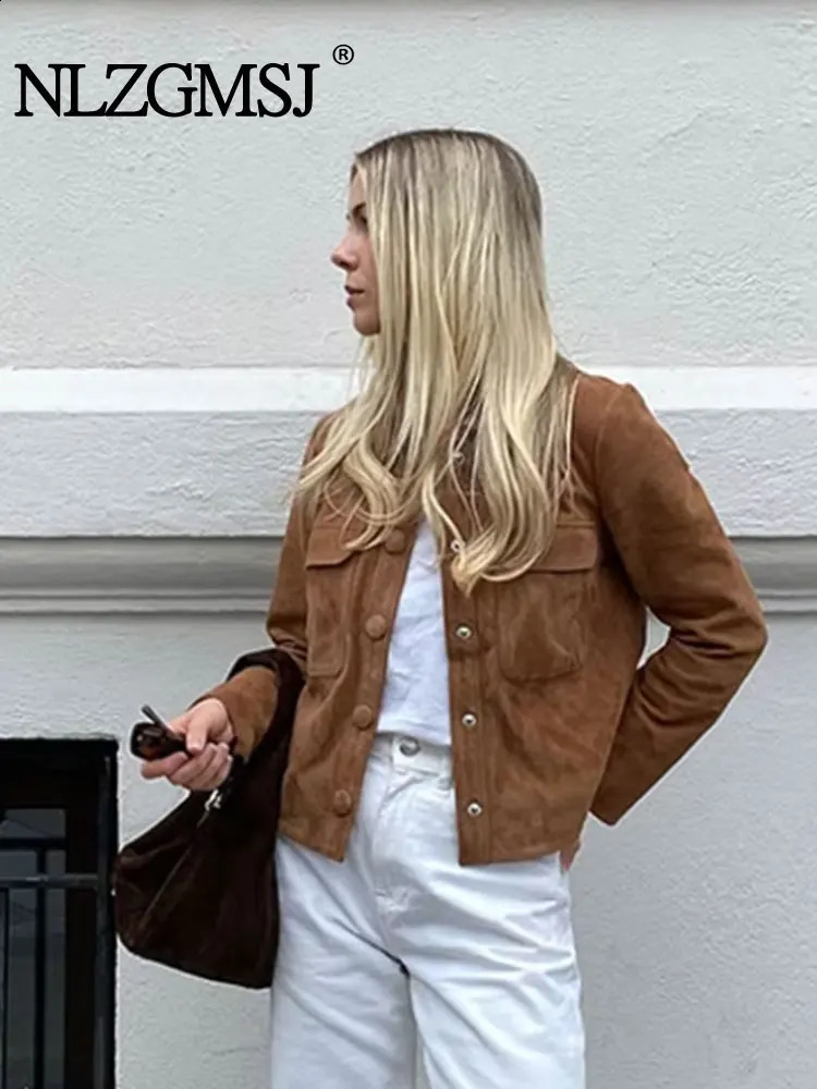TRAF Autumn Winter Brown Womens Slim Fit Suede Short Jackets Fashion Single Breasted Long Sleeves Cropped Coats Lady Streetwear 241017