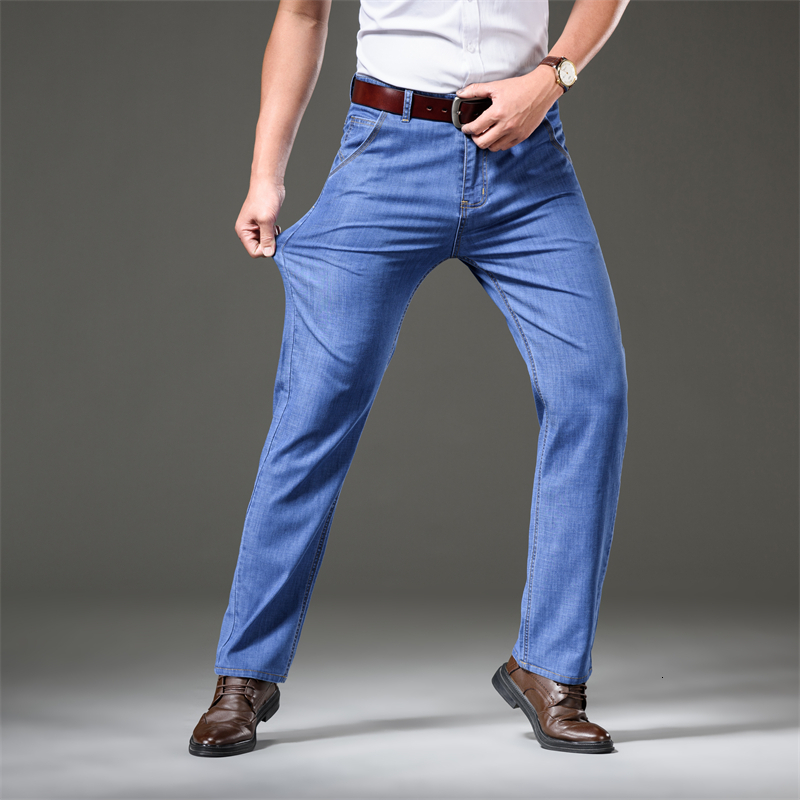 Summer Spring Mens Relaxed Fit Flex Jean 2023 New Men High Waist Business Casual Classic Black Blue Denim Trousers