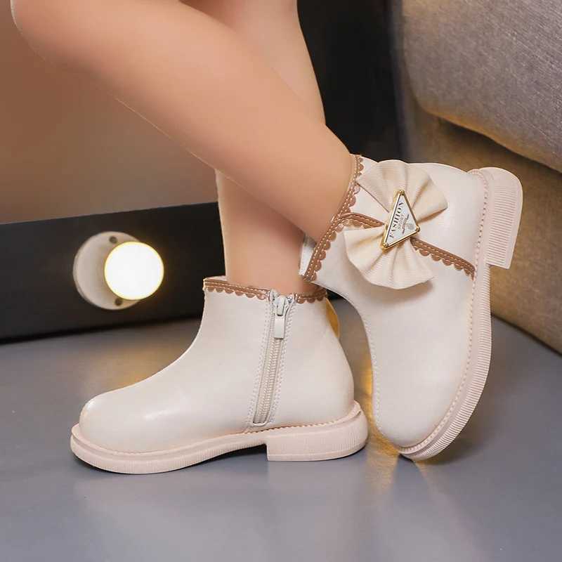 Boots Girls Fashion Princess Boots with Bow-knot Lace Solid Color Sewing Cute Children Short Leather Boots 2024 Spring Autumn New H241018