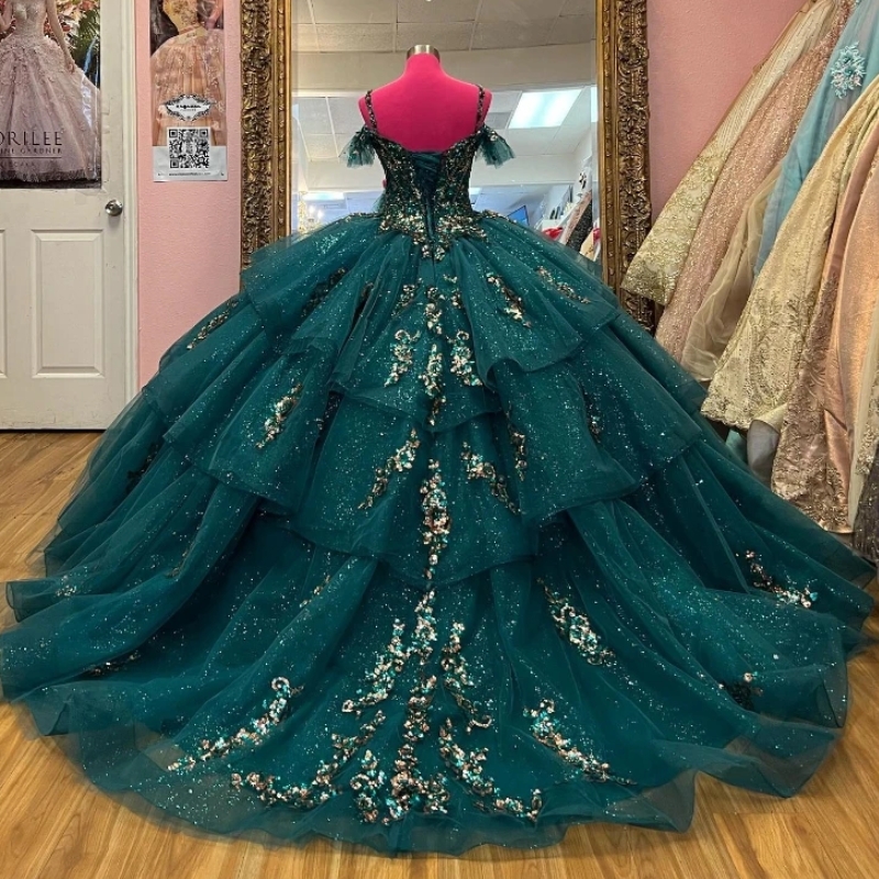 Blackish Green Quinceanera Dresses Sequin Applique Lace Beading Tull Ball Gown Off The Shoulder Sweet Princess Vestidos De 15 Anos Sweet 16 Dress