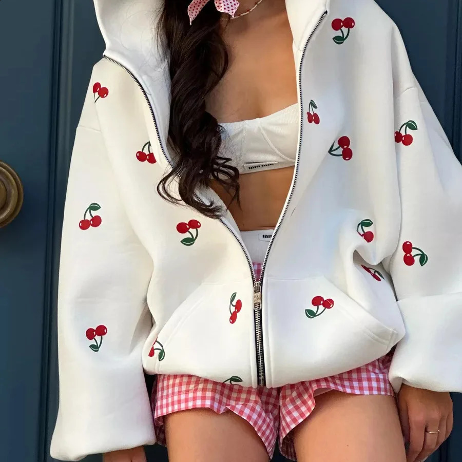 Autumn Women Sweatshirt White Cherry Print Hooded Cardigan Loose Hoodies With Pocket Zipper Outerwear Females Jacket Tops 241017