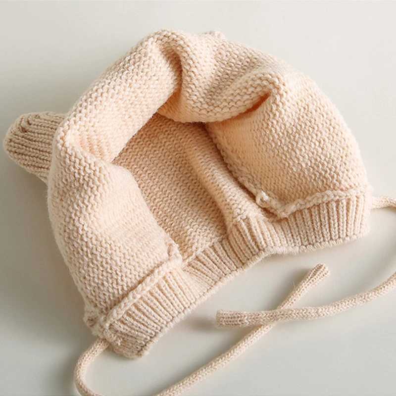 Cute Baby Knitted Hat Autumn Winter Warm Infant Ear Protection Cap Solid Color Cat Ears Kids Boy Girl Crochet Woolen Hat LX241018