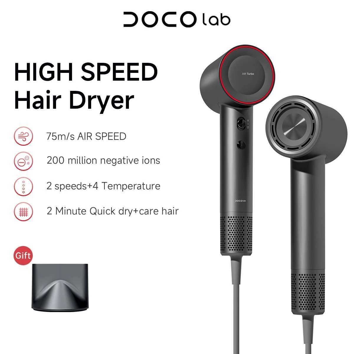 DOCO high-speed hair dryer 75m/s wind speed negative ion hair care 110000 Rpm UK/EU plug lightweight home travel gift W241018