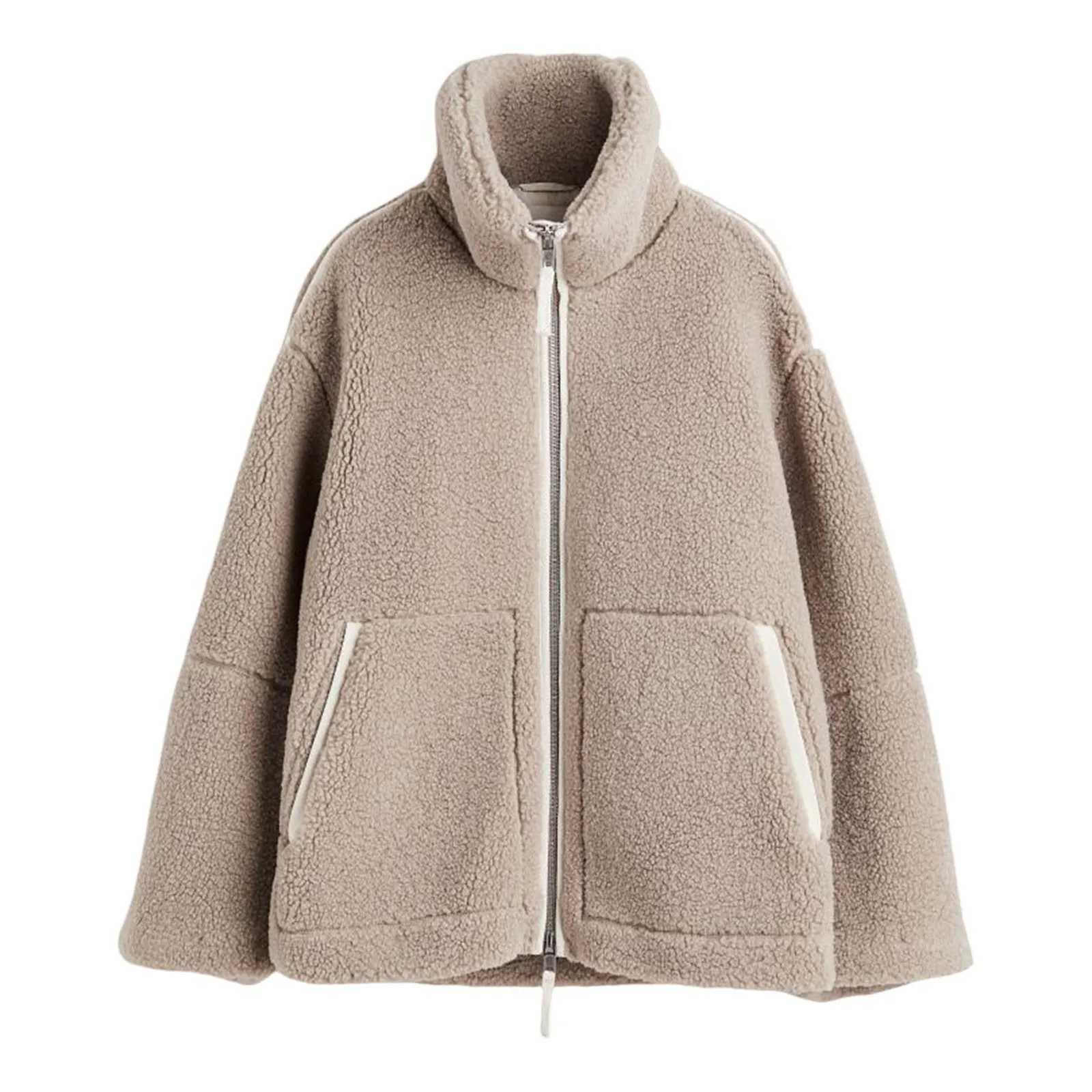 Autumn Winter Warm Women Jackets Long Sleeve Zipper Lamb Wool Coat Stand Collar Casual Pocket Elegant Solid Lady Plush OutwearX241018