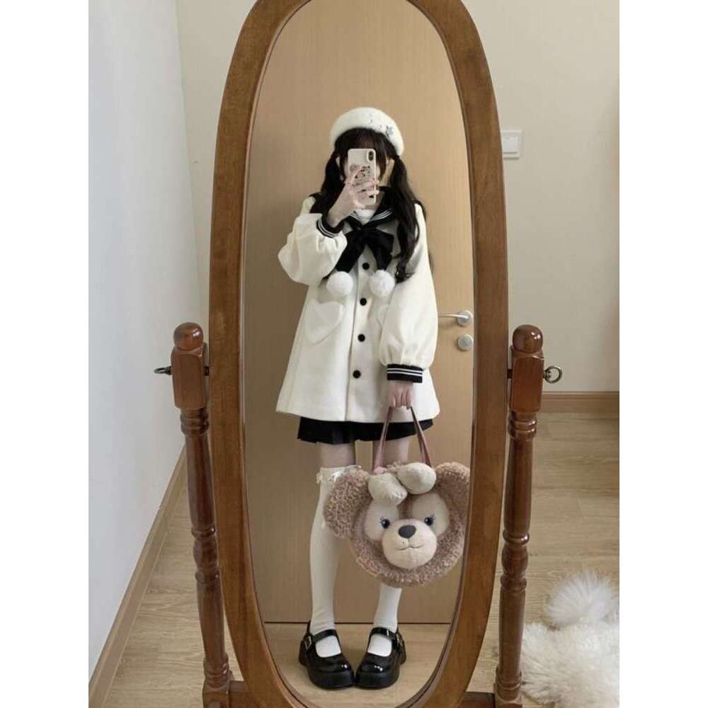 Sweet Bow Sailor Collar Black Tweed Coat Fashion All-Match Jk Jackets For Women 2024 Autumn New Long Sleeve Tops Mujer