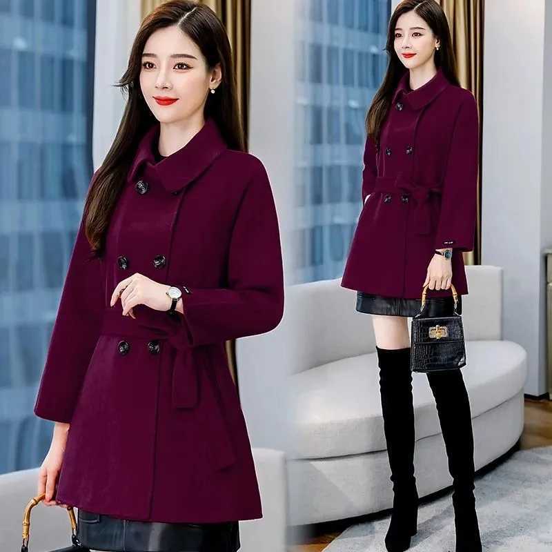 Fashion Double Breasted Red Woolen Jacket Womens Coat Tops New 2024 Spring Autumn Korean Woolen Blend Windbreaker OuterwearX241009