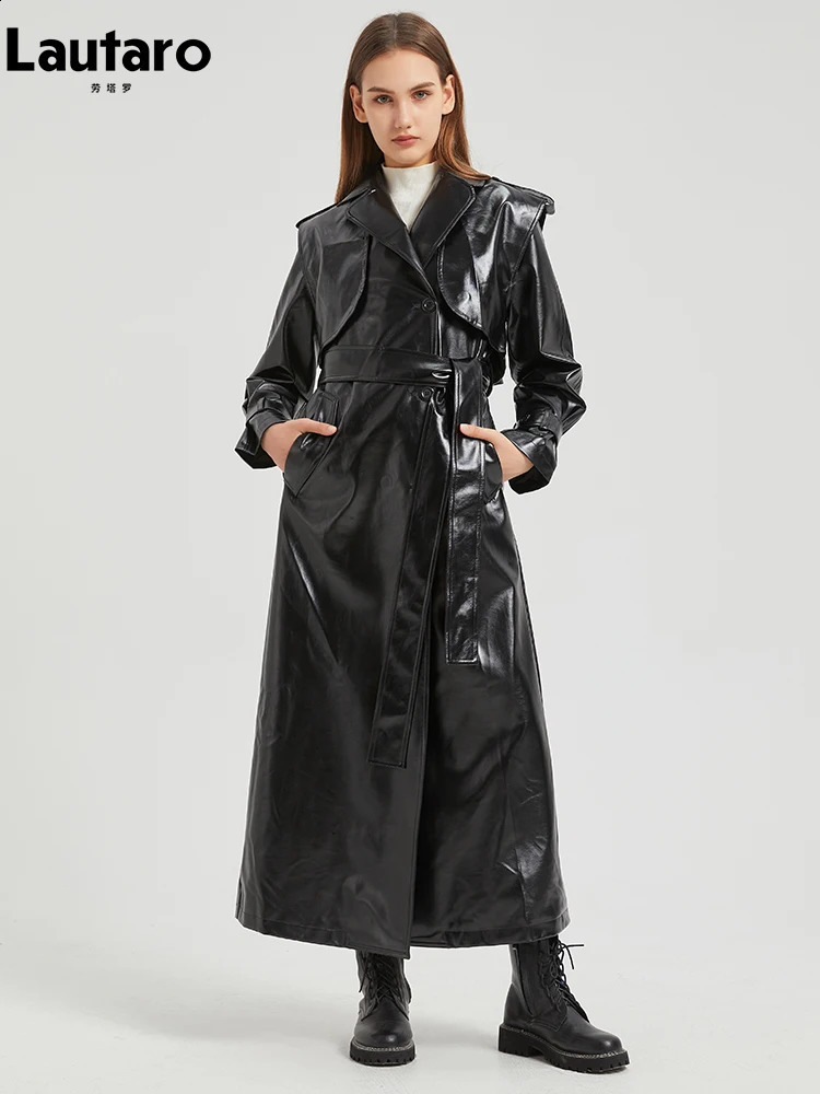 Lautaro Autumn Extra Long Gold Shiny Patent Pu Leather Trench Coat for Women Single Breasted Overcoat 2024 241018