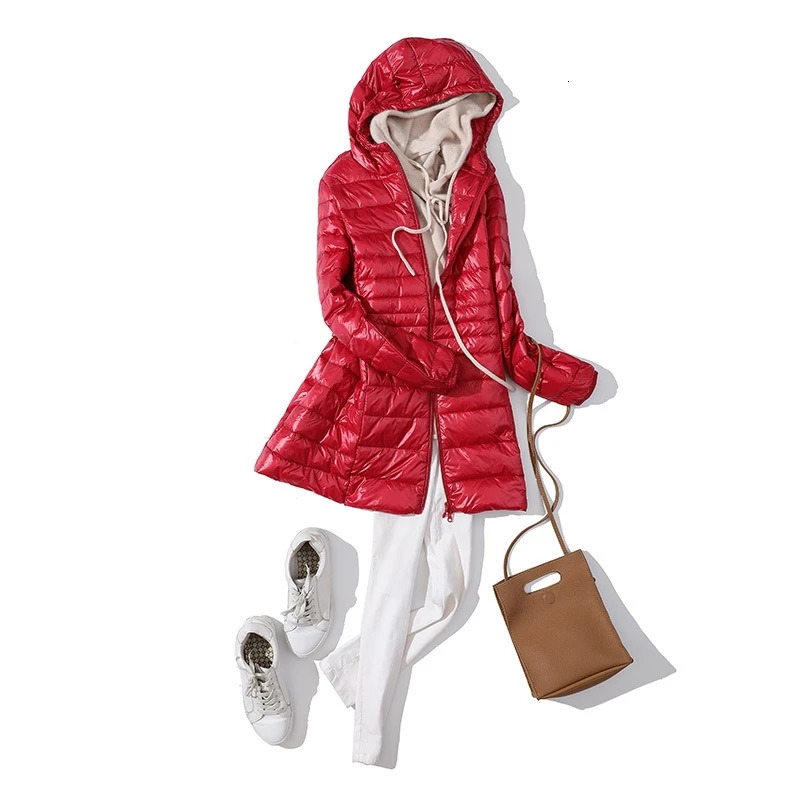 Women Long Warm Light Down Jacket Ladies Fashion Hooded With Portable Storage Bag Puffer Coats Womens Overcoats Hip-Length Coat
