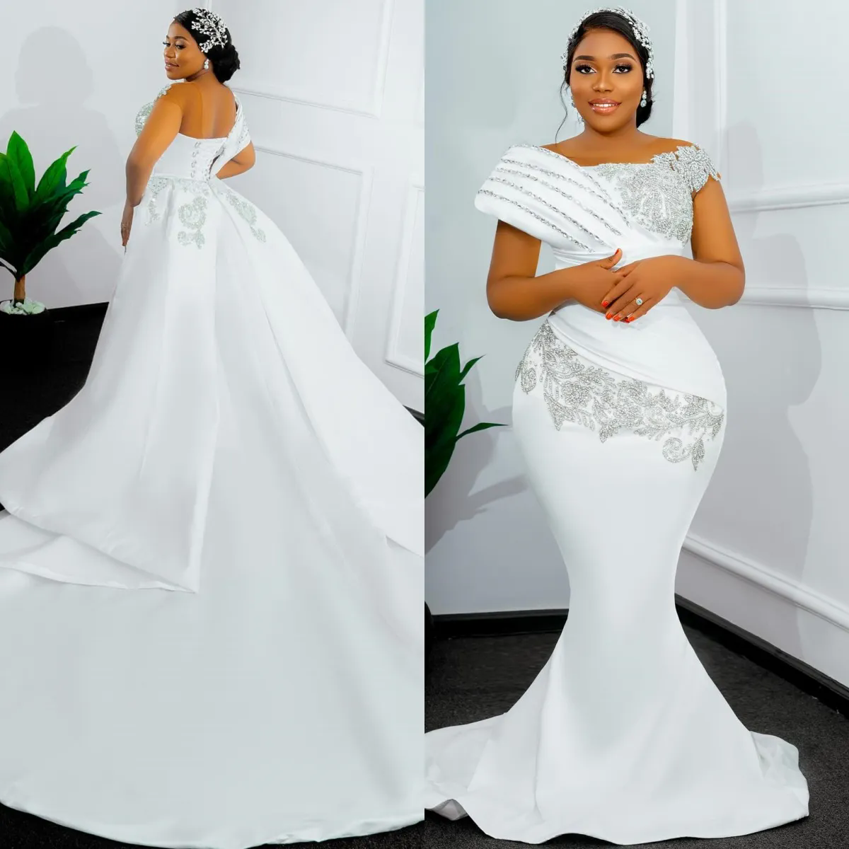 Mermaid Wedding Dress For Bride Bridal Gowns With Detachable Train One Shoulder Rhinestones Beaded Satin Wedding Gowns for African Black Women Marriag