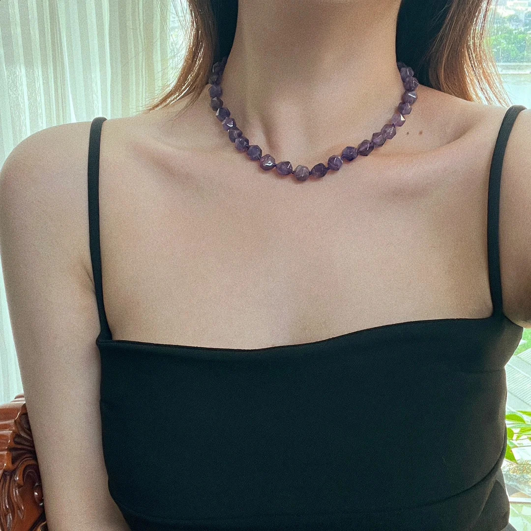 A womans necklace. Natural 10mm amethyst with irregular particles. Enchanting jewelry. Fashion accessories. The gift. 241018