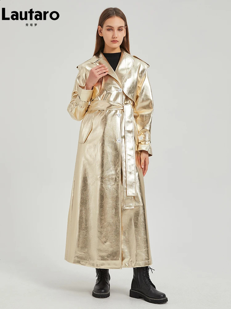 Lautaro Autumn Extra Long Gold Shiny Patent Pu Leather Trench Coat for Women Single Breasted Overcoat 2024 241018