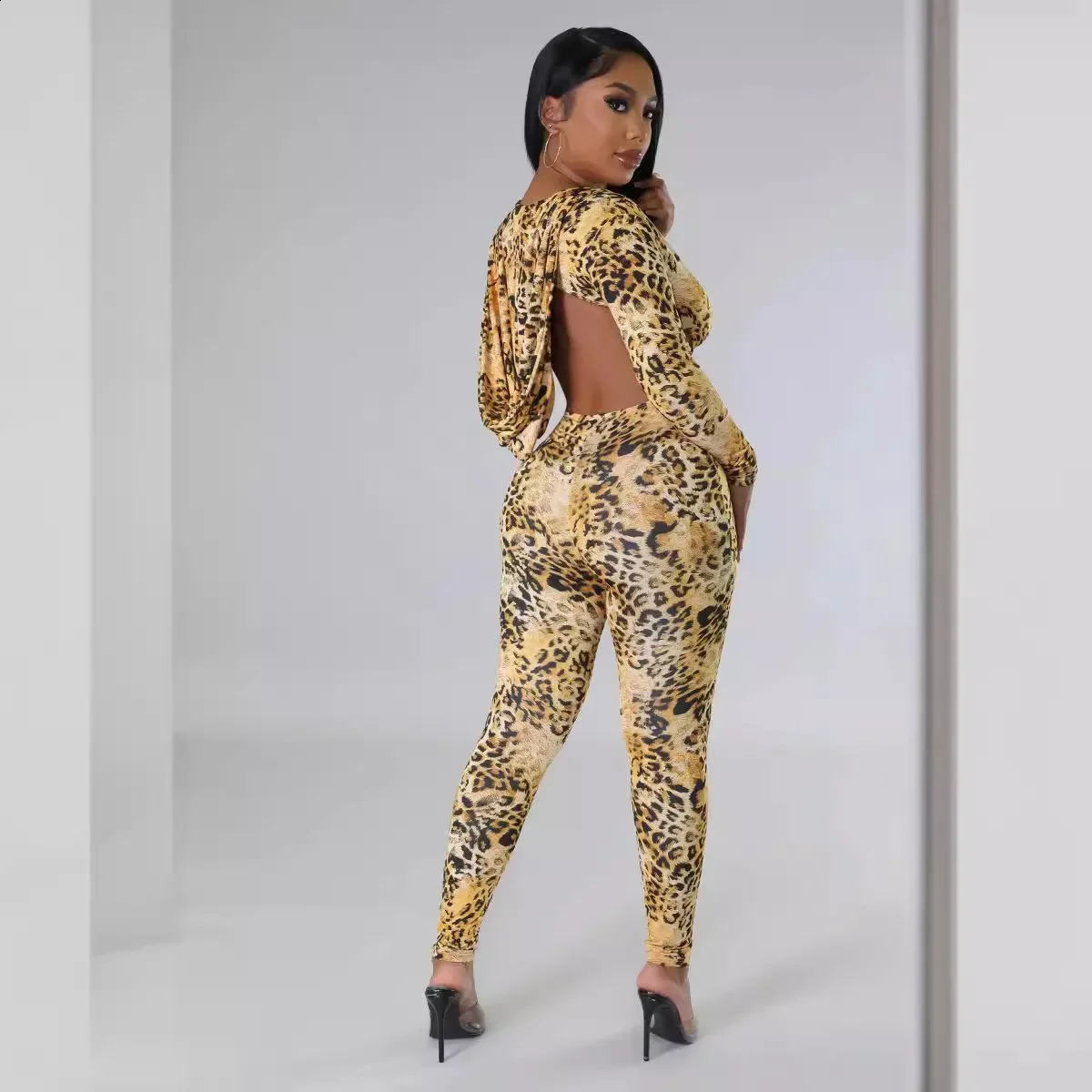 2024 womens jumpsuit autumn and winter sexy leopard print backless hooded style 241018