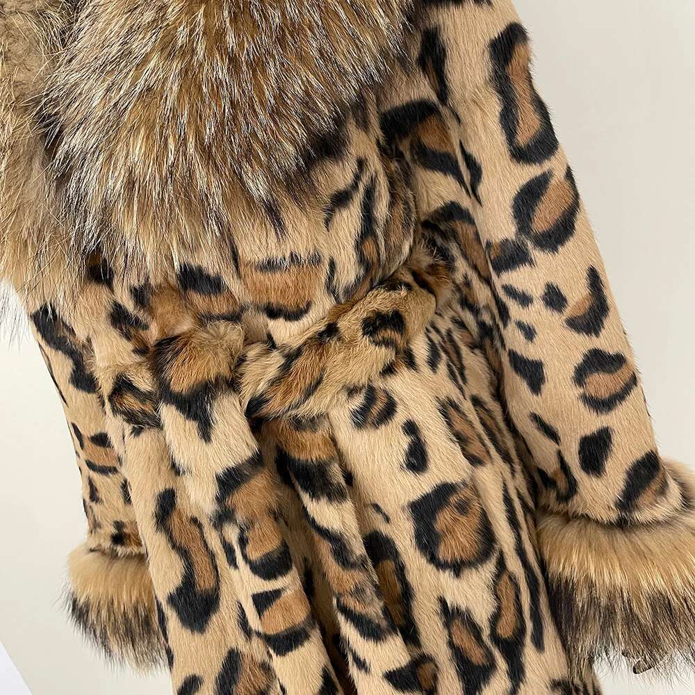 Fashionable Leopard Print Long Fox Collar Jacket One-Piece Thickened Warmth 2024 Autumn Winter Real Rabbit Fur Coat Women