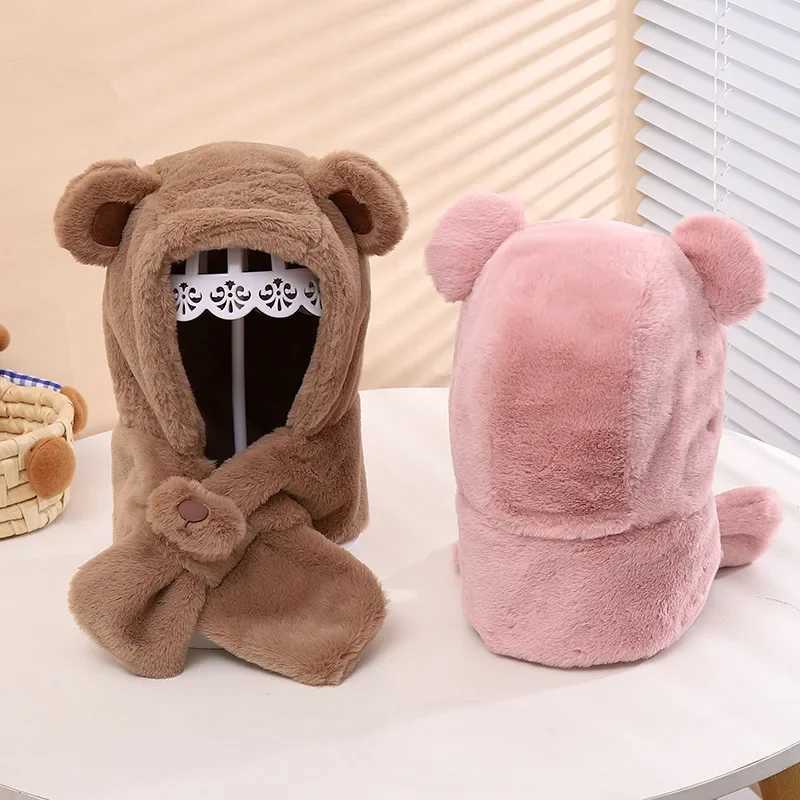 Winter Baby Hat Scarf One-Piece Faux Fur Kids Hats Bear Warm Neck Ear Cap for Boys Girls Windproof Beanies Infant Stuffs LX241018