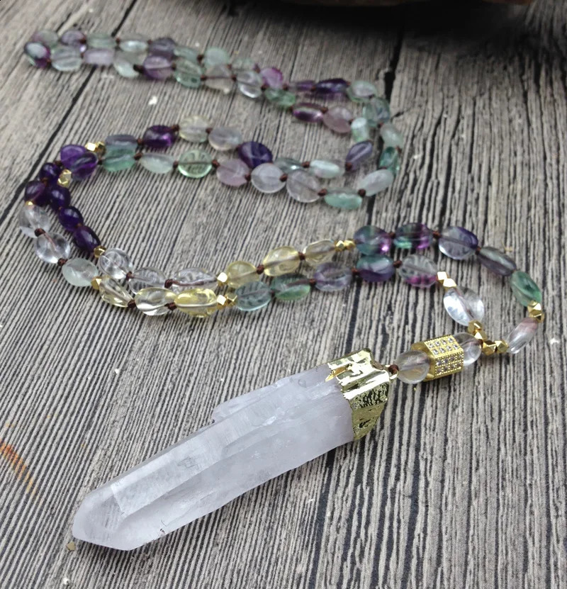 YA2830 Natural Quartz Pendant Fluorite Quartz Irregular Diamond Bead Knot Handmade Necklace 241018