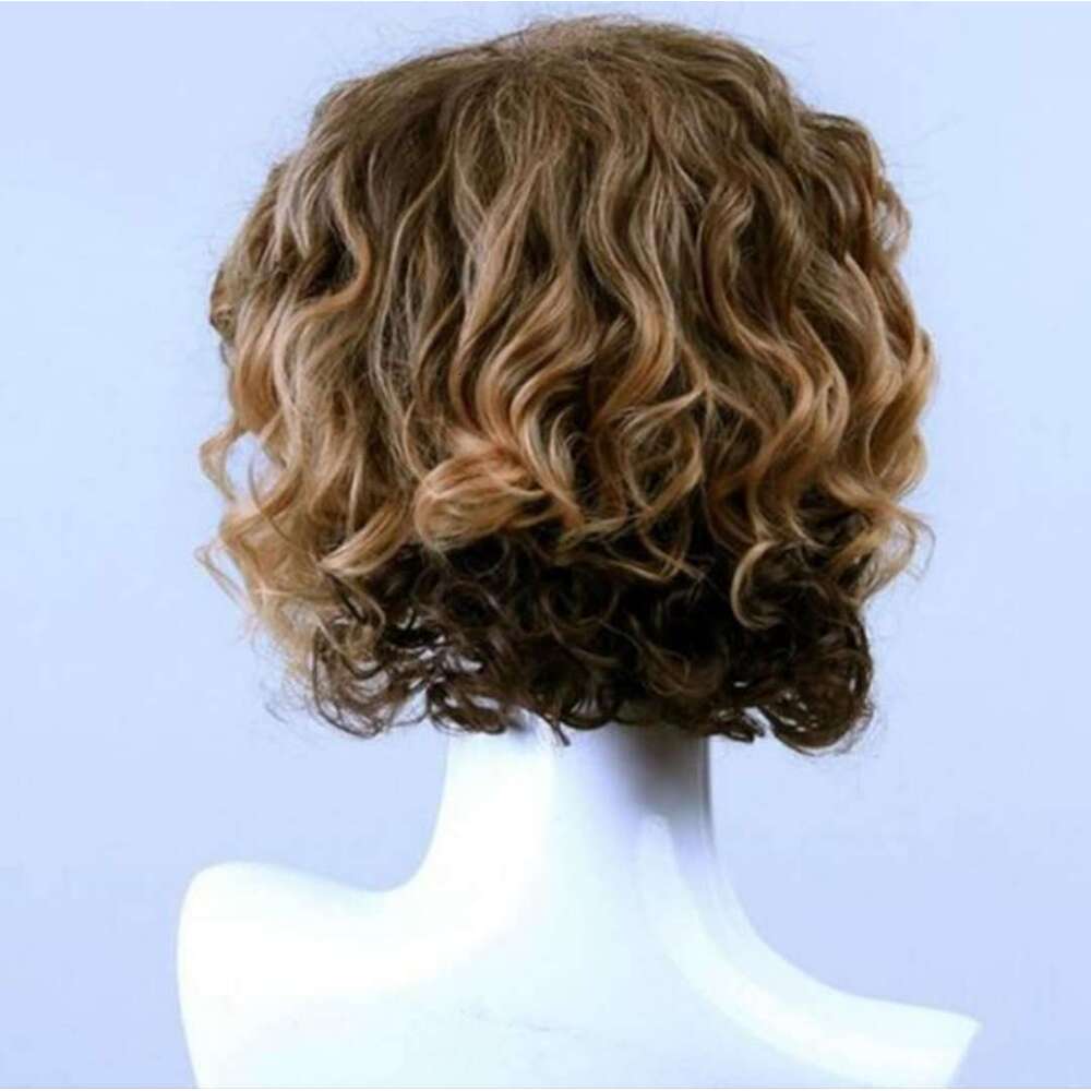 New Handsome Men's Headband With Brown Gradient Gold Partial Split Short Curly Hair Rose Net Wig