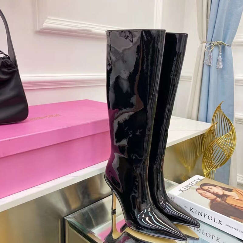 2024 new fashion show snake patterned back zipper pointed high slim heels, knee length oversized boots for women
