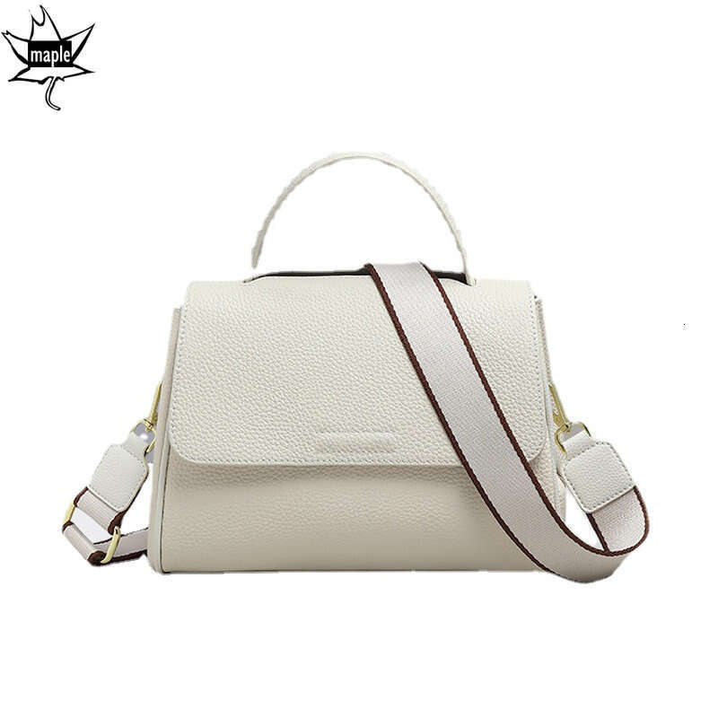 Elegant Beige White 2 Straps Shoulder Messenger Bag 100% Cow Leather Top-Handle Women Handbag Flap Crossbody Bags