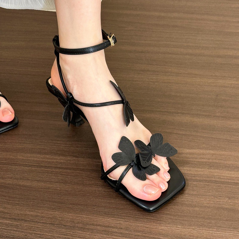 2024 Women's High Heel Fairy Sandals: Butterfly Design, Vacation Dress Wear - Triple Black/Pink/White e76a