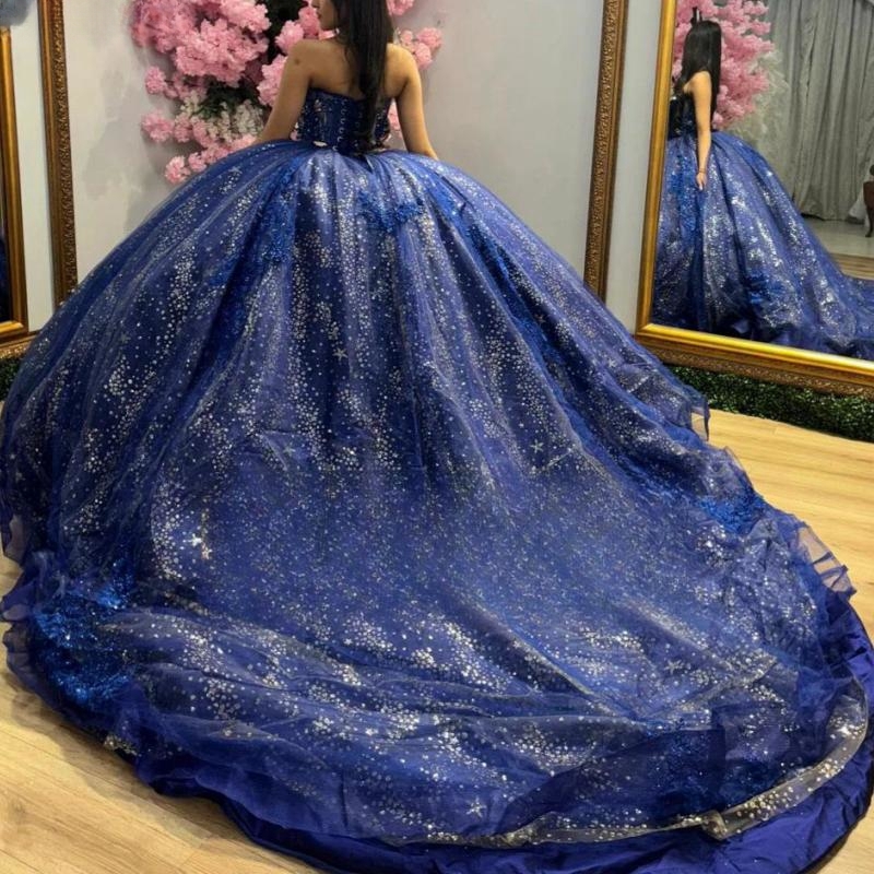 Royal Blue Sparkly Sweetheart Quinceanera Dresses for Girls Tulle Pearls Beads Tull Corset Party Birthday Sweet 16 Dress Vestido De 15 Anos