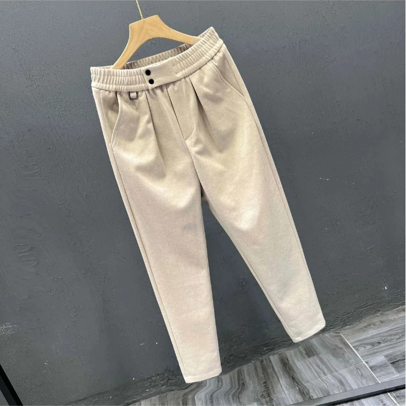 Simplicity Trend Casual Autumn And Winter Men Woolen Solid Elastic Waist Pockets Button Korean Fashion Loose Pencil Pants 241018