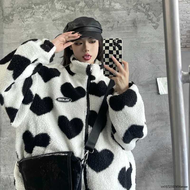 2023 Wear On Both Sides Thicked Lamb Wool Coats Autumn Winter Korean Loose Heart Print Jackets Harajuku Simple New Parkas TopsX241018
