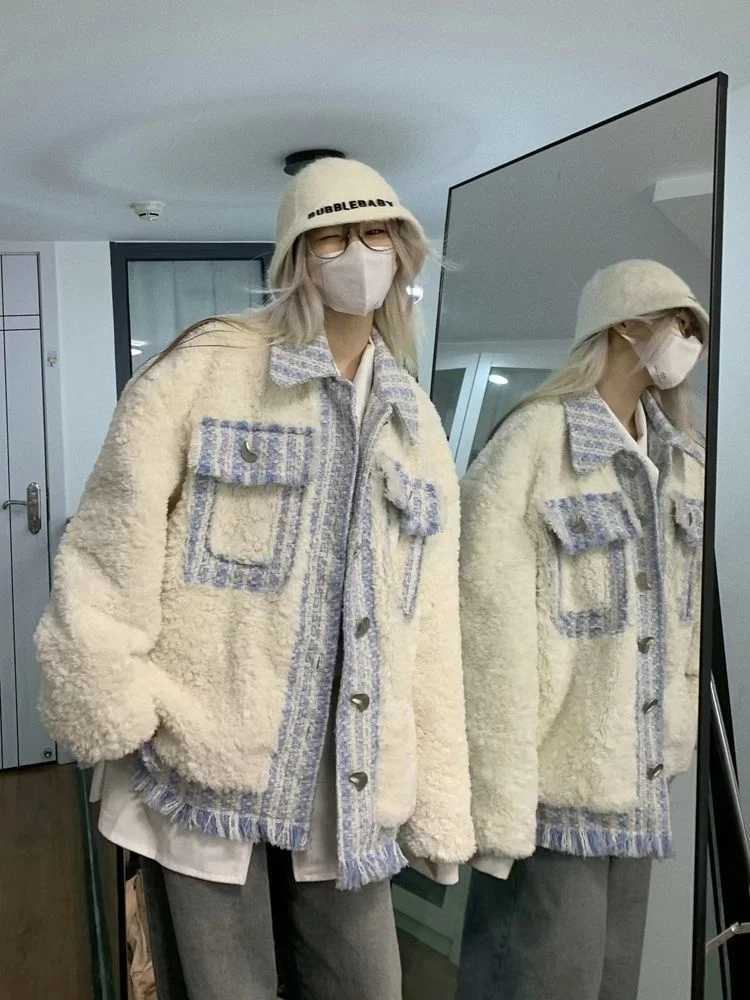 Women Vintage Faux Lamb Coat Autumn Winter Harajuku Patchwork Loose Stitching Cotton-Padded Clothes Female Warm Jacket OuterwearX241018