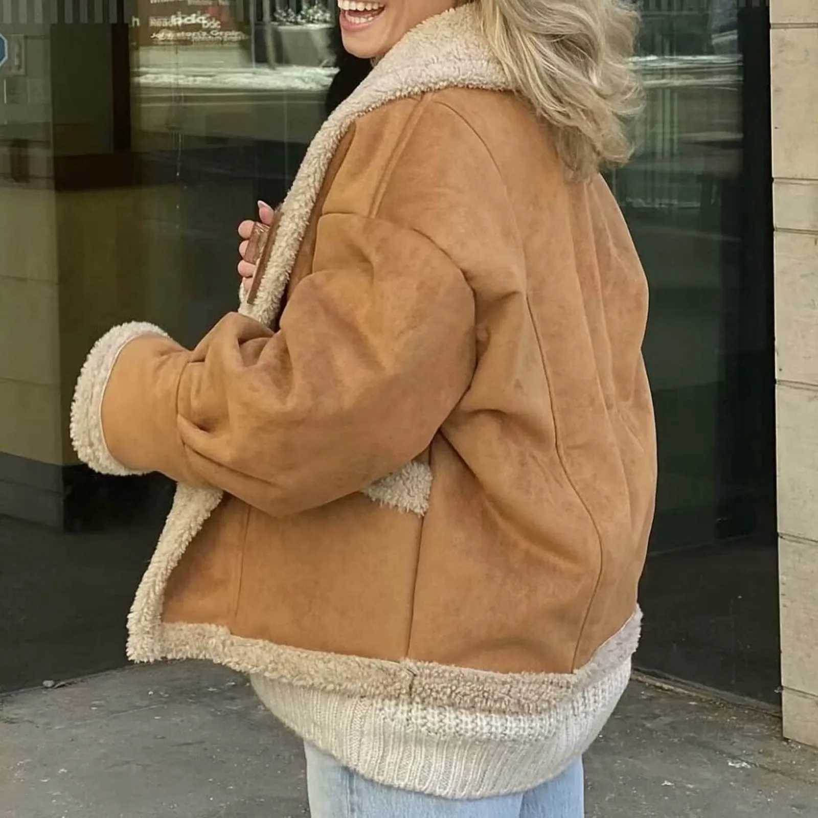 Chic Lapel Lamb Wool Patchwork Coat Women Casual Button With Pocket Thickened Jacket 2024 Autumn Winter New Lady Retro OuterwearX241018