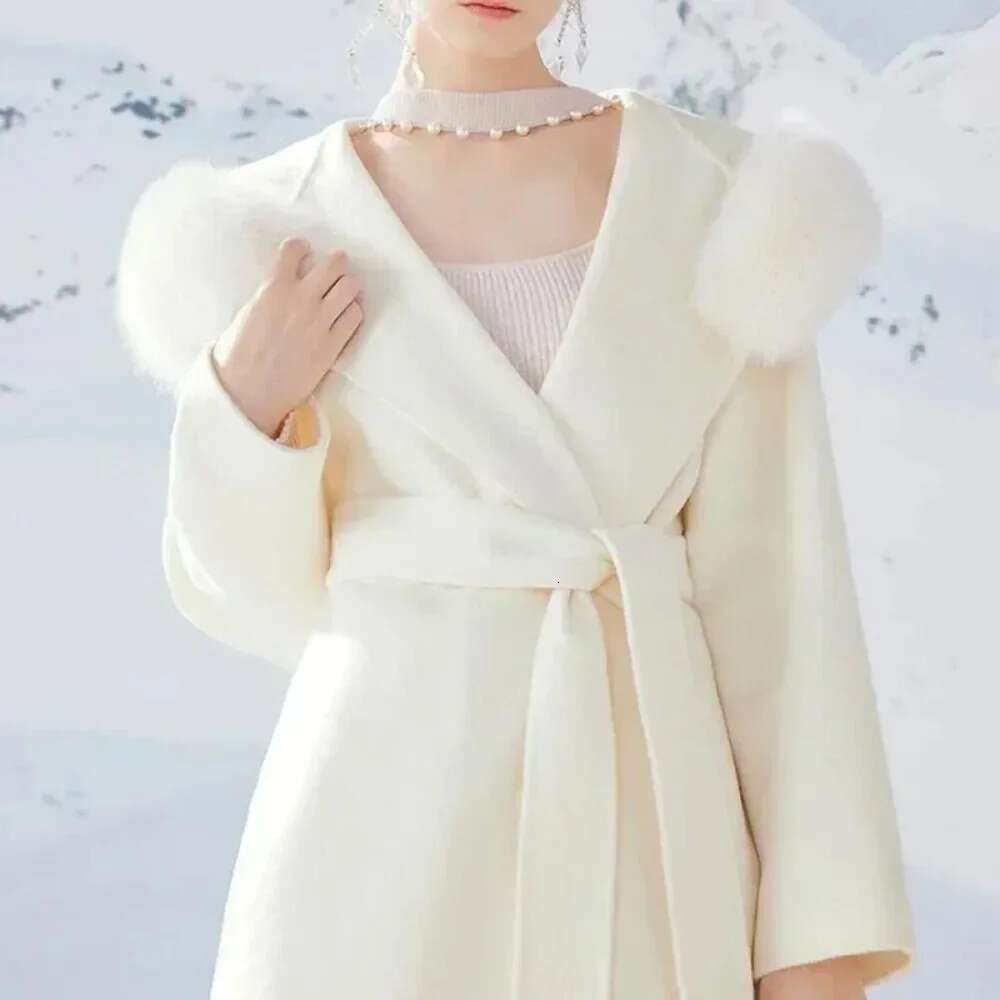 Wool For Women Autumn Winter Natural Fox Collar Hooded Casual Cashmere Woolen Real Fur Coat Fur