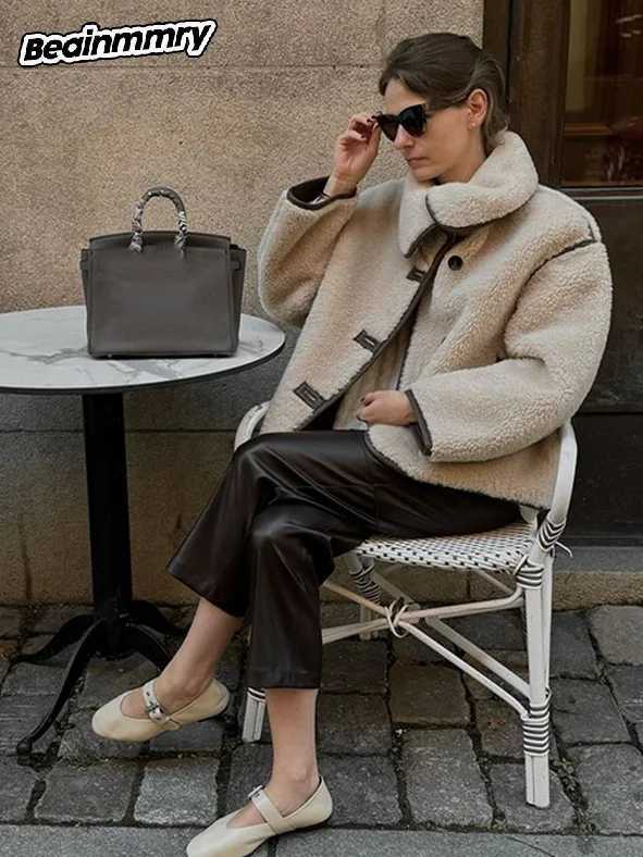 Lamb Wool Spliced Leather Buttons Womens Jacket Elegant Lapel Long Sleeve Warm Coats Winter Lady Chic Street Commute OuterwearX241018