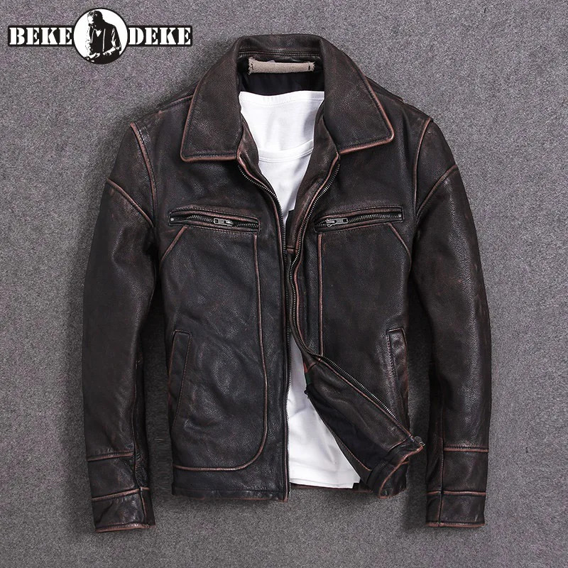 Vintage Red Brown Men American Casual Style Leather Jacket 5XL Genuine Cowhide Autumn Coat Biker Jackets 241018