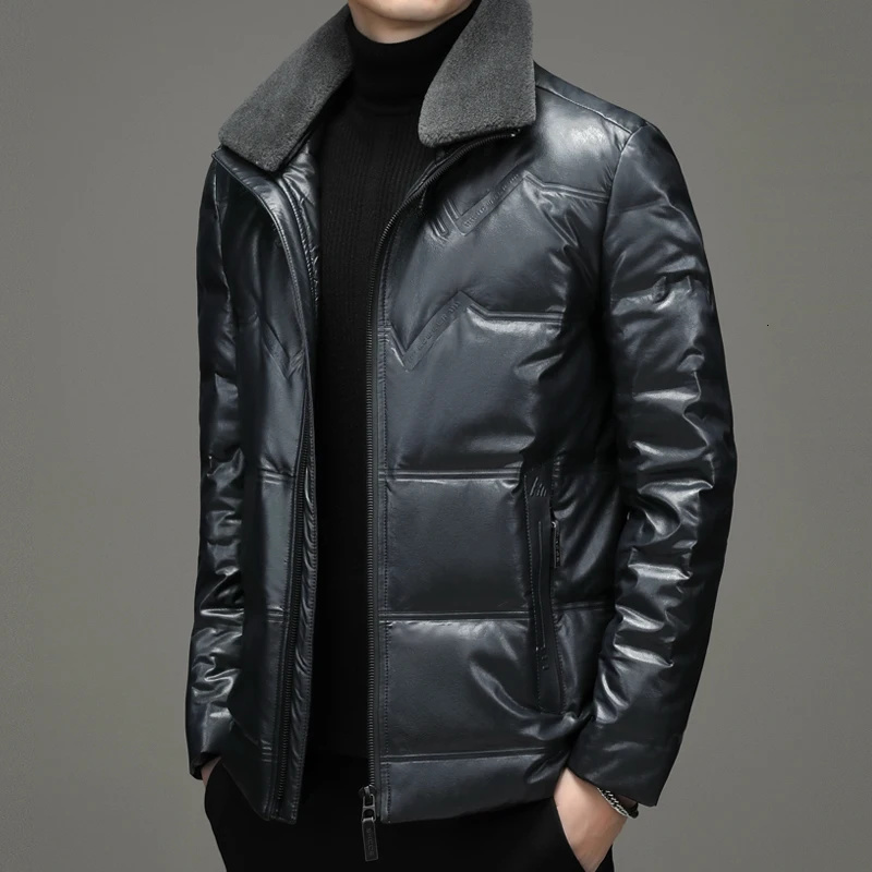 Leather Haining Down Jacket Men's Short Lapels Detachable Fur Collar Thickened Warm High Quality Coat Men