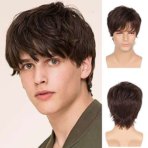 Men's Short Straight Brown Fluffy Wig Long Bangs Synthetic Headband Men Wigs