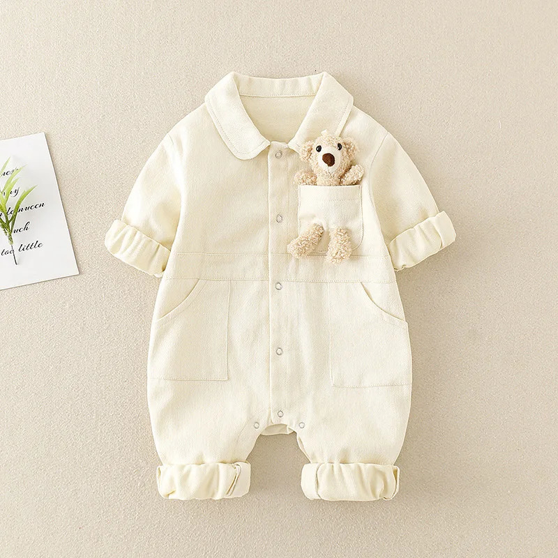 Denim Romper Baby Jumpsuit Cartoon Bear Korean Toddler Onesie Autumn Baby Boys Girls Clothes Infant Outfit Clothing 241008