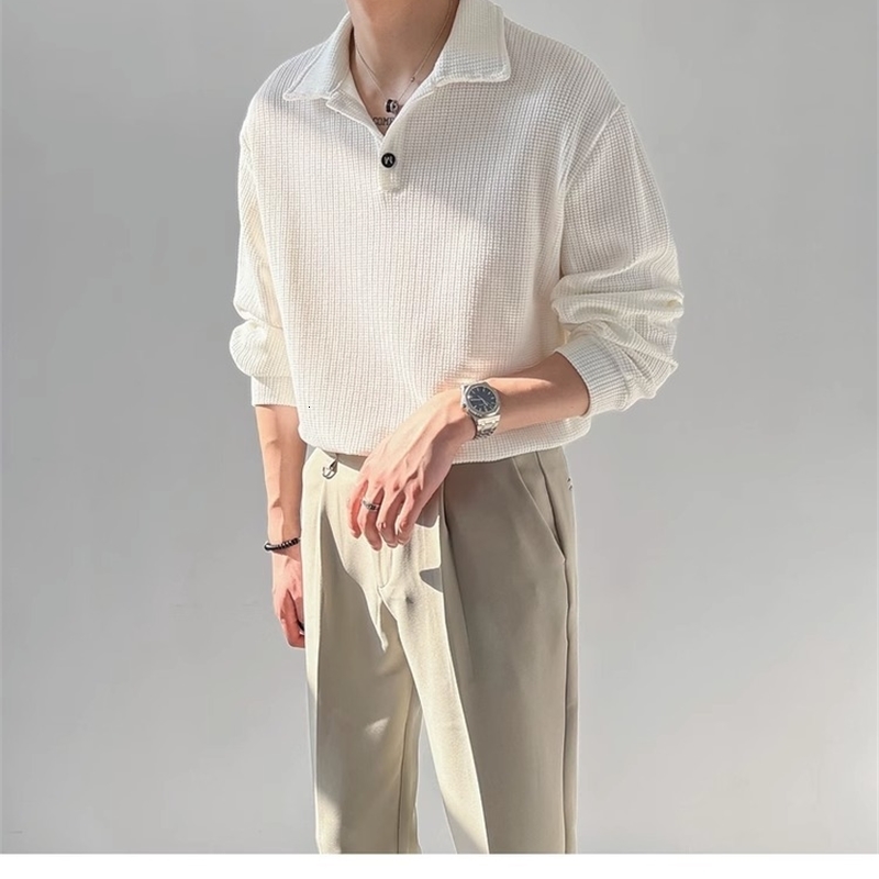 Spring Autumn Men Long Sleeve Polo Neck Loose T-shirt Casual Base Shirt Breathable Other Fiber Mixed Korean Style 241017