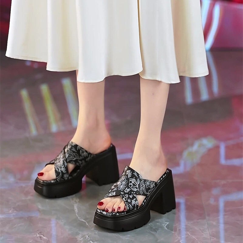 New Chinese Style Soled High Sandals Women S Outerwear New Summer Printed Thick Heeled Fashionable Slippers For Ddmythur