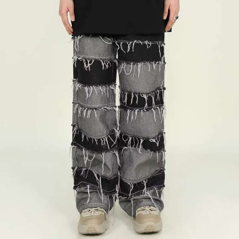 OIMG Y2K Streetwear Baggy Stacked Jeans Pants Men Clothing Patchwork Straight Loose Long Trousers Pantalones Hombre