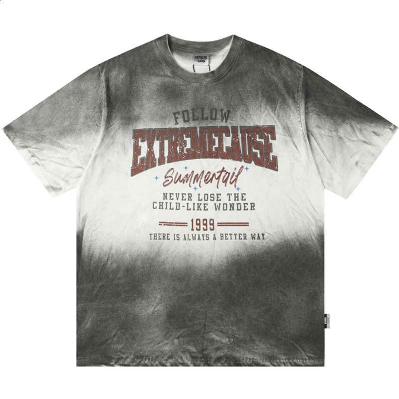 Men Hip Hop Streetwear Retro T Shirts Distressed Gradient Letter Print Tshirt Cotton TShirt Short Sleeve Racing Style Top Tee 241017