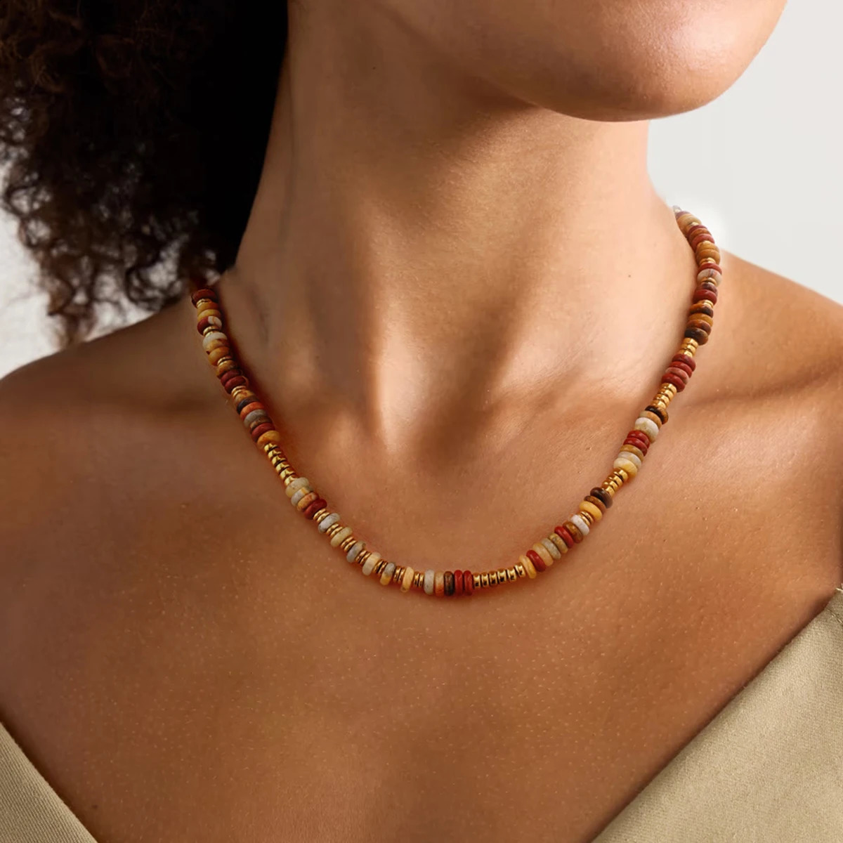 Uworld colorful natural stone semi stainless steel bead waterproof handmade necklace suitable for womens fashion treatment jewelry 241017