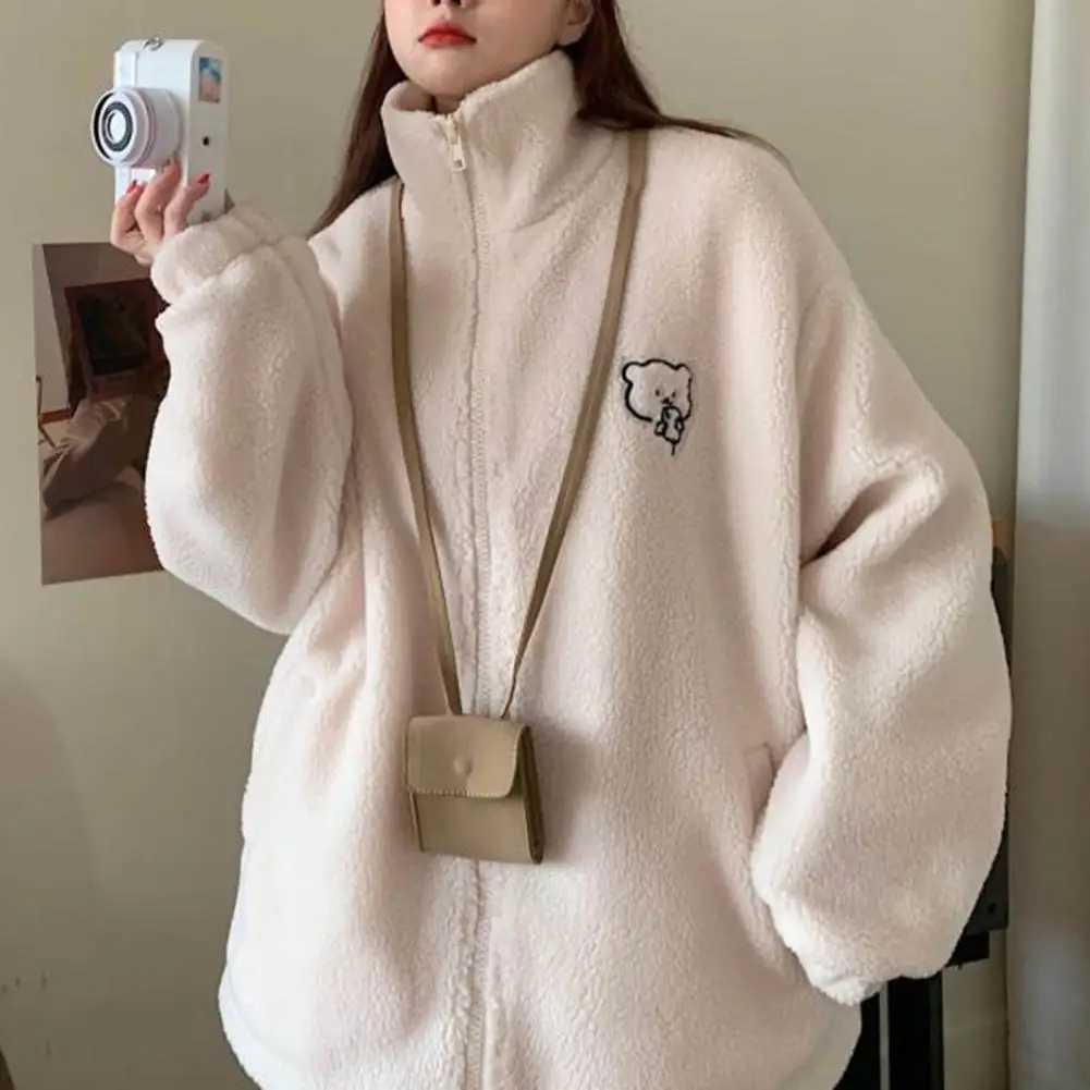 Imitation Lambswool Jacket Zipper Placket Sweatshirt Coat Thickened Plush Winter Jacket with Cartoon Bear Pattern Cozy for WomenX241018