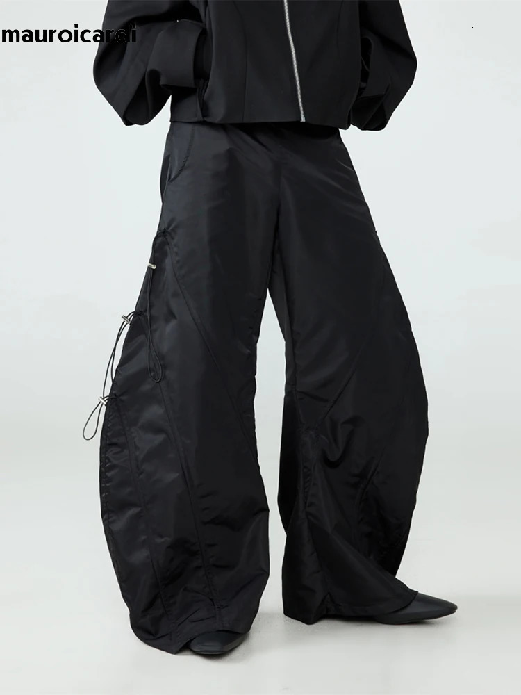 Mauroicardi Spring Autumn Long Loose Casual Baggy Black Wide Leg Pants Men with Elastic Waist y ner Emo Clothing 241018